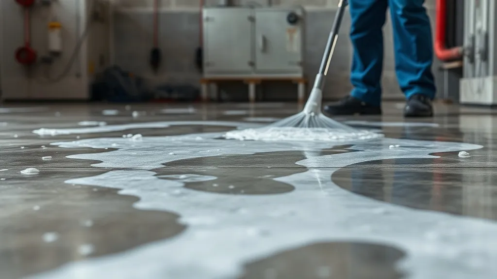 Close up of chemical reaction on concrete floor, cleaning fo