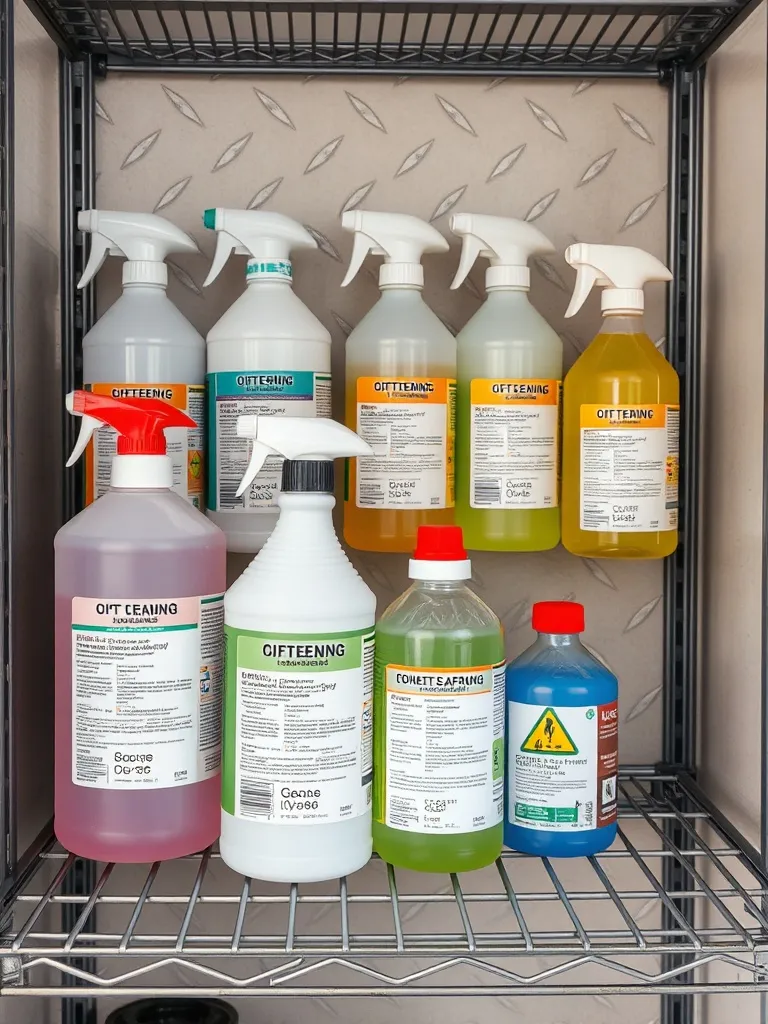 Professional cleaning chemicals in labeled industrial bottle