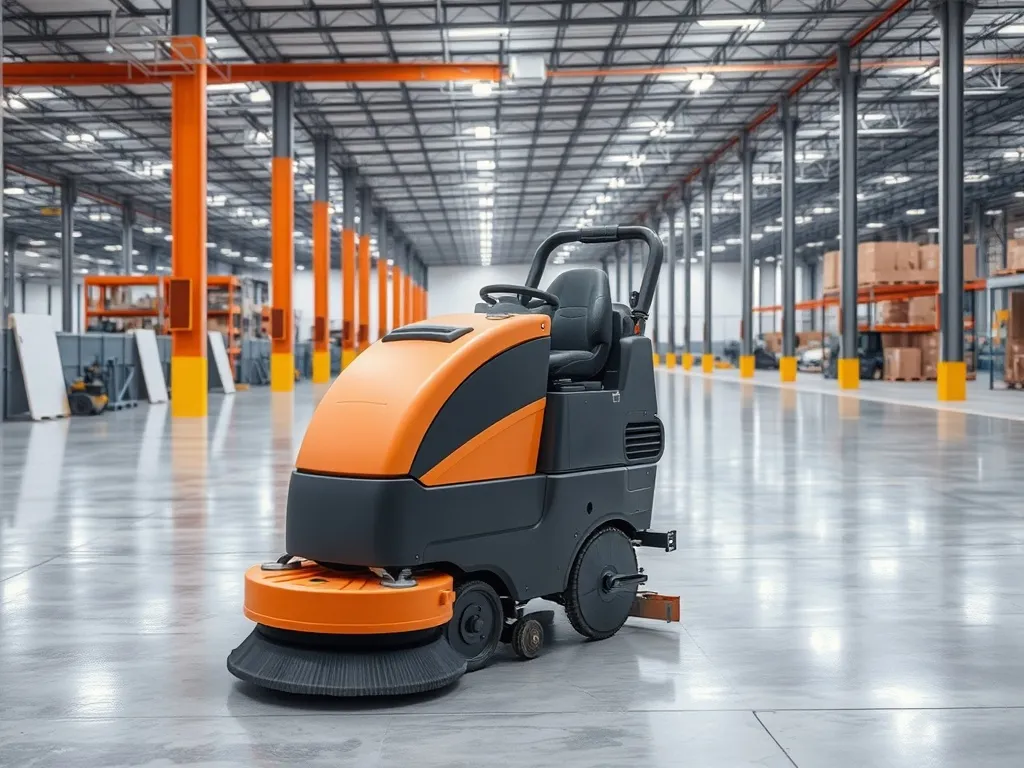 Industrial floor scrubber machine operating on a large wareh
