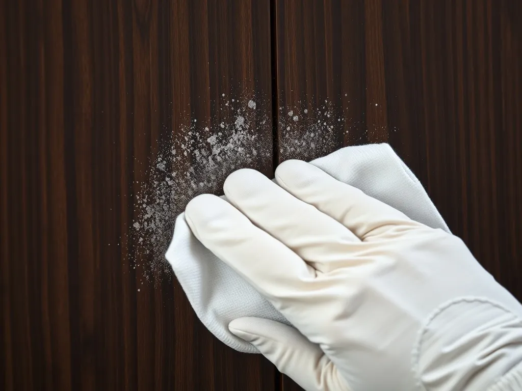 Close up of a hand in a white glove wiping a dark wooden sur