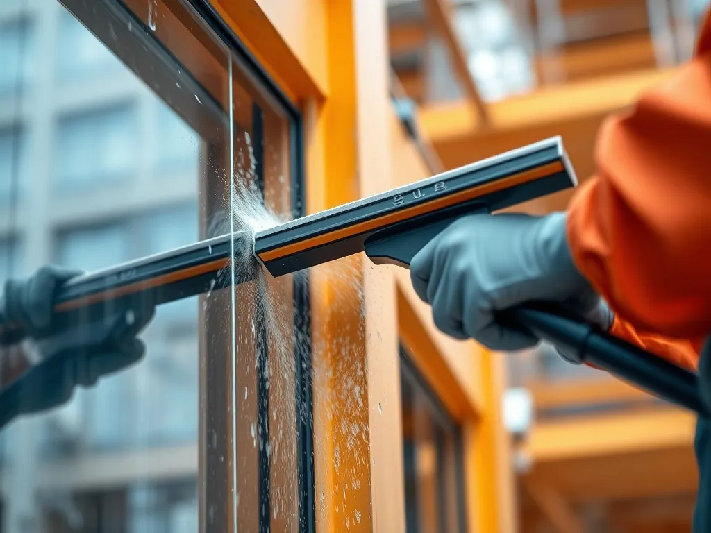 Close-up of a professional industrial window cleaning proces